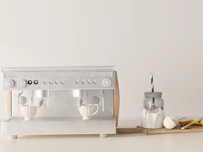 Minimalist Kitchen Decorative Ornament Set With Coffeemaker Glass Jar And White Cups On Wooden Tray 3d model