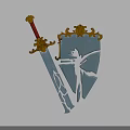 Medieval Fantasy Weapon Sword and Shield with Golden Ornaments Red Handle and Shattered Glass Design