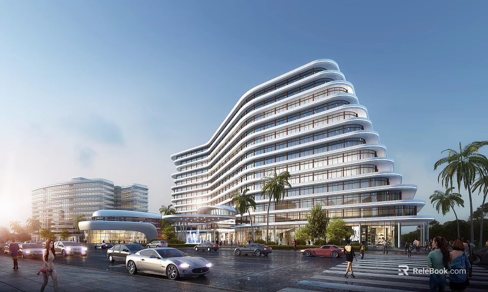 Modern Hotel Building With Wavy Exterior Design Palm Trees And Parking Cars 3d model 
