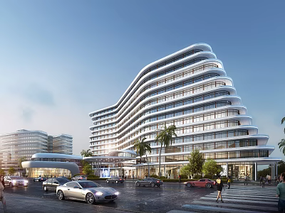 Modern Hotel Building With Wavy Exterior Design Palm Trees And Parking Cars 3d model