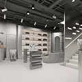 Modern Fashion Store with Glass Facade Interior Clothing Shoes Display Bright Lighting and Staircase