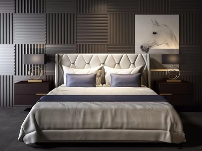 Double Bed With Tufted Headboard Plush Pillows Nightstands Table Lamps Modern Textured Wall Horse Portrait 3d model
