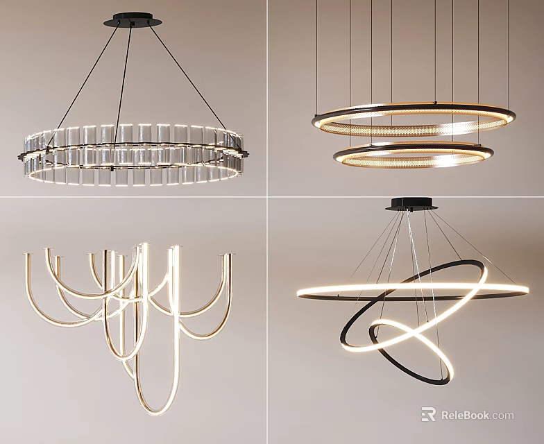 Modern Creative Chandeliers Featuring Circular Curved Geometric Shapes For Home Interior Lighting 3d model 