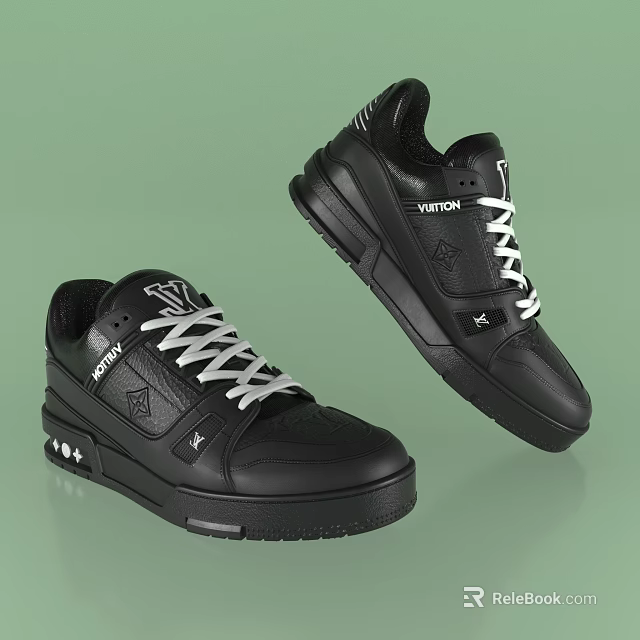 Louis Vuitton Black Leather Sneakers With White Laces Star Pattern And Logo Design 3d model 