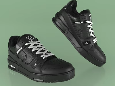 Louis Vuitton Black Leather Sneakers With White Laces Star Pattern And Logo Design 3d model