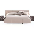 Modern Upholstered Bed With Beige Mattress Plush Pillows And Marble Nightstand