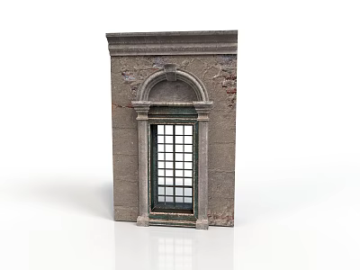 Historic Stone Building Window Frame With Arched Top Grid Panes And Weathered Texture 3d model