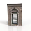 Historic Stone Building Window Frame With Arched Top Grid Panes And Weathered Texture