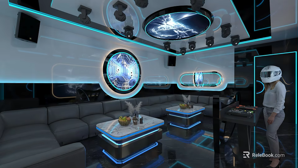 Modern Tech KTV Interior Design With Blue Lighting Circular Screens Gray Sofas And Marble Tables 3d model 