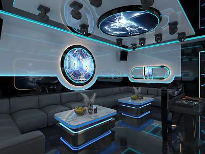 Modern Tech KTV Interior Design With Blue Lighting Circular Screens Gray Sofas And Marble Tables 3d model