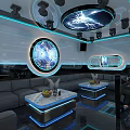 Modern Tech KTV Interior Design With Blue Lighting Circular Screens Gray Sofas And Marble Tables 3d model