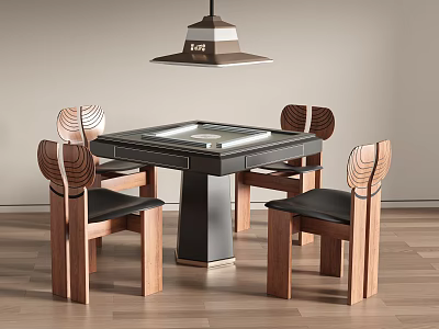 Modern Square Table with Four Wooden Chairs and Black Cushions Under Ceiling Lamp 3d model