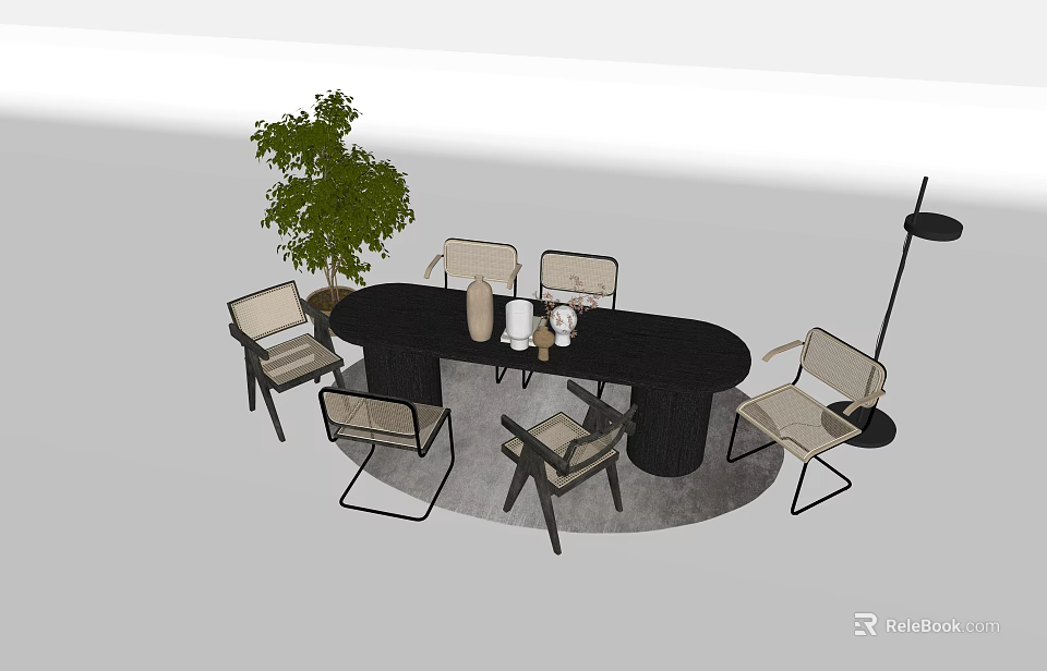 Modern Black Oval Dining Table Set With Minimalist Chairs Green Plant And Floor Lamp 3d model 