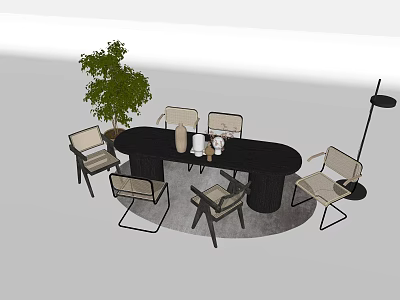 Modern Black Oval Dining Table Set With Minimalist Chairs Green Plant And Floor Lamp 3d model
