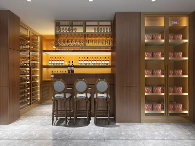 Elegant Wine Cellar Interior With Wooden Racks Warm Lighting Wine Bottles And Bar Stools 3d model