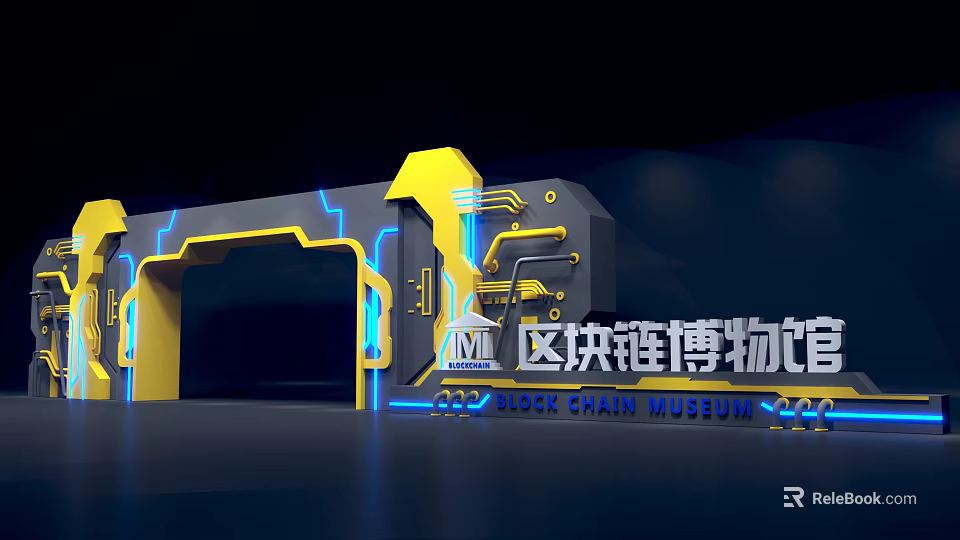 Futuristic Blockchain Museum Archway With Yellow Blue Design And Neon Tech Elements 3d model