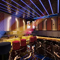 Luxury KTV Interior Design With Blue Purple Lighting Sofas Red Stools And Marble Floor 3d model