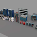 Various Industrial Equipment Including Blue Lockers Metal Shelves Gas Cylinders Fire Extinguishers And Control Panels
