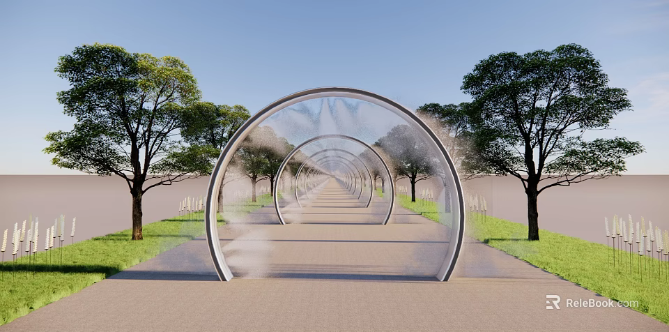 Modern Garden Landscape with Transparent Arch Structures Lined Trees Stone Pathway and Water Mist 3d model 
