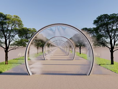 Modern Garden Landscape with Transparent Arch Structures Lined Trees Stone Pathway and Water Mist 3d model