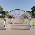 Modern Garden Landscape with Transparent Arch Structures Lined Trees Stone Pathway and Water Mist