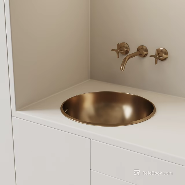 Modern Bathroom Sink with Gold Faucet and Round Basin on White Countertop and Cabinets 3d model 
