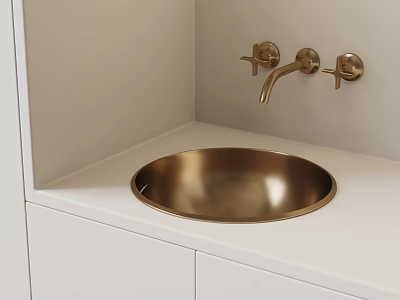 Modern Bathroom Sink with Gold Faucet and Round Basin on White Countertop and Cabinets 3d model