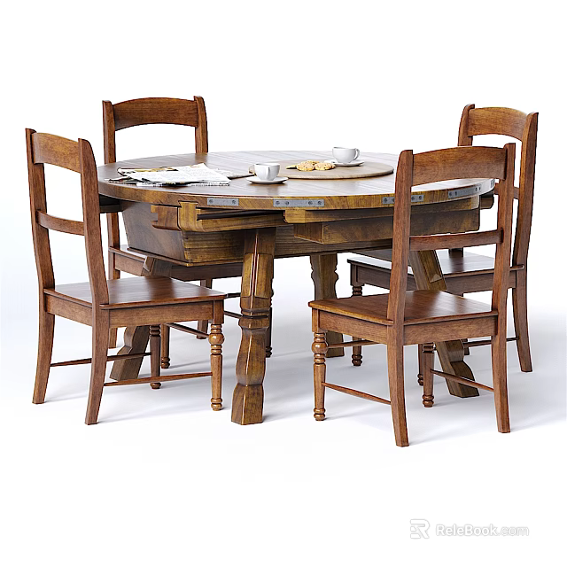Classic Wooden Dining Table Set With Round Table And Four Chairs 3d model