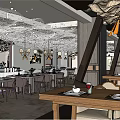 Modern Restaurant Interior With Leaf Shaped Chandeliers Dining Table Chairs And Orchids 3d model