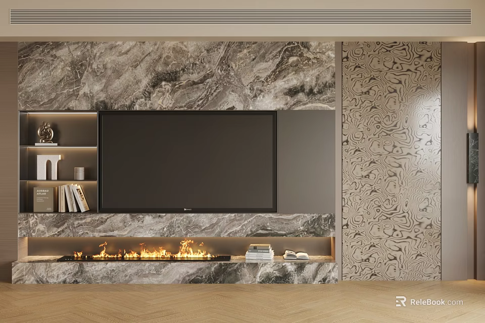 Modern TV Background Wall with Marble Texture Fireplace and Decorative Wall Panels 3d model