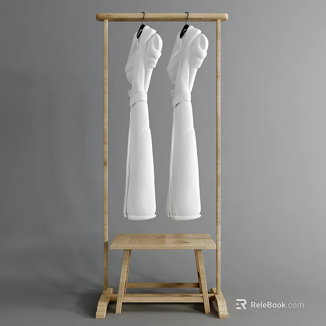 Wooden Storage Rack With Hanging Rod Holding White Clothes And Small Bottom Platform 3d model 