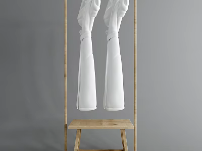 Wooden Storage Rack With Hanging Rod Holding White Clothes And Small Bottom Platform 3d model