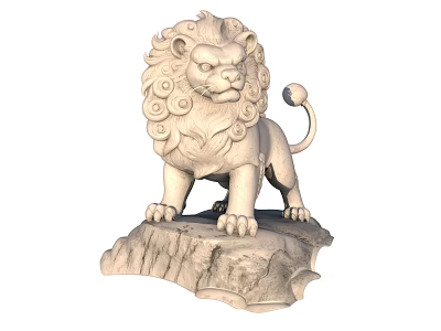 Exquisite Stone Lion Sculpture With Curly Mane Standing On Rock Base 3d model