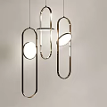 Modern Metal Pendant Lights With Oval Frames And Round Bulbs Hanging On Light Background