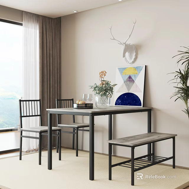 Modern Dining Table Set with Chairs Bench Vase Artwork and Deer Head Decor 3d model 