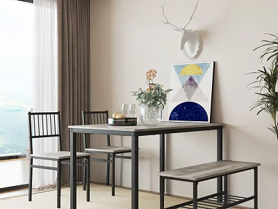 Modern Dining Table Set with Chairs Bench Vase Artwork and Deer Head Decor 3d model