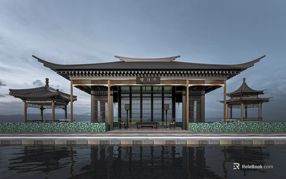 Traditional Chinese Pavilion Architecture With Overhanging Eaves Water Reflection And Wooden Frame Design 3d model 
