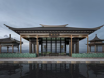 Traditional Chinese Pavilion Architecture With Overhanging Eaves Water Reflection And Wooden Frame Design 3d model