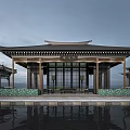 Traditional Chinese Pavilion Architecture With Overhanging Eaves Water Reflection And Wooden Frame Design