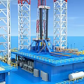 Industrial Offshore Drilling Platform With Tall Towers Yellow Cranes And Marine Structure