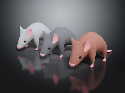 Three Colored Mice White Gray Brown 3D Models on Dark Background with Reflection 3d model