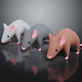 Three Colored Mice White Gray Brown 3D Models on Dark Background with Reflection