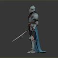A Man Wearing Medieval Blue Armor With Red Belt And Cloak Holding Sword