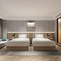 Modern Hotel Guest Room Interior With Double Bed Work Desk TV And Soft Lighting
