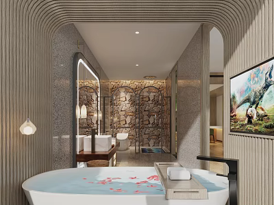Hotel Bathroom Interior With Bathtub Floating Petals Stone Wall Shower And Wooden Decor 3d model