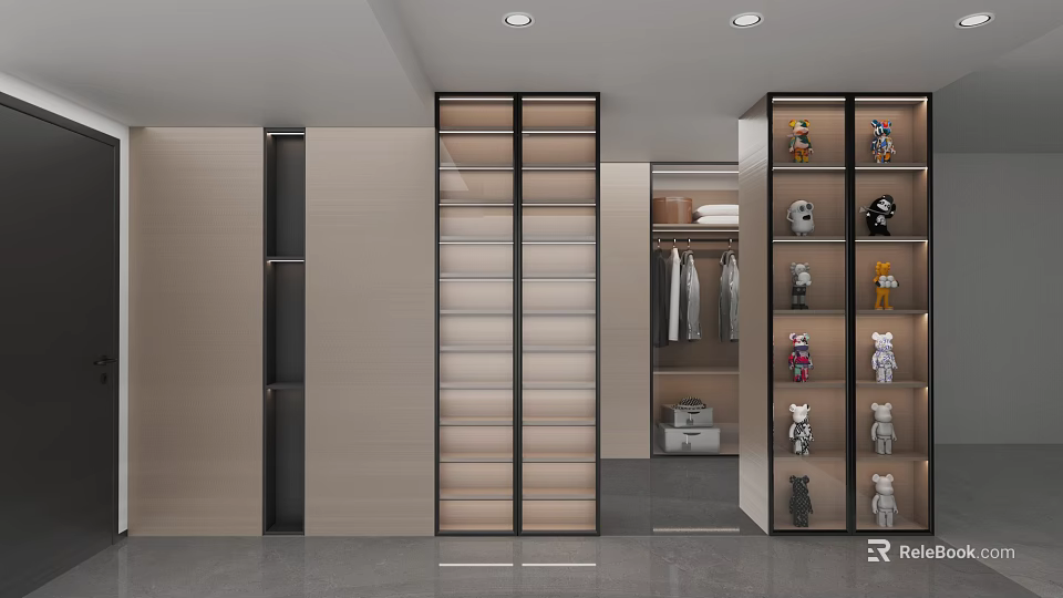 Modern Walk-in Closet Interior With Open Shelves Hanging Rods And Storage Cabinets 3d model 