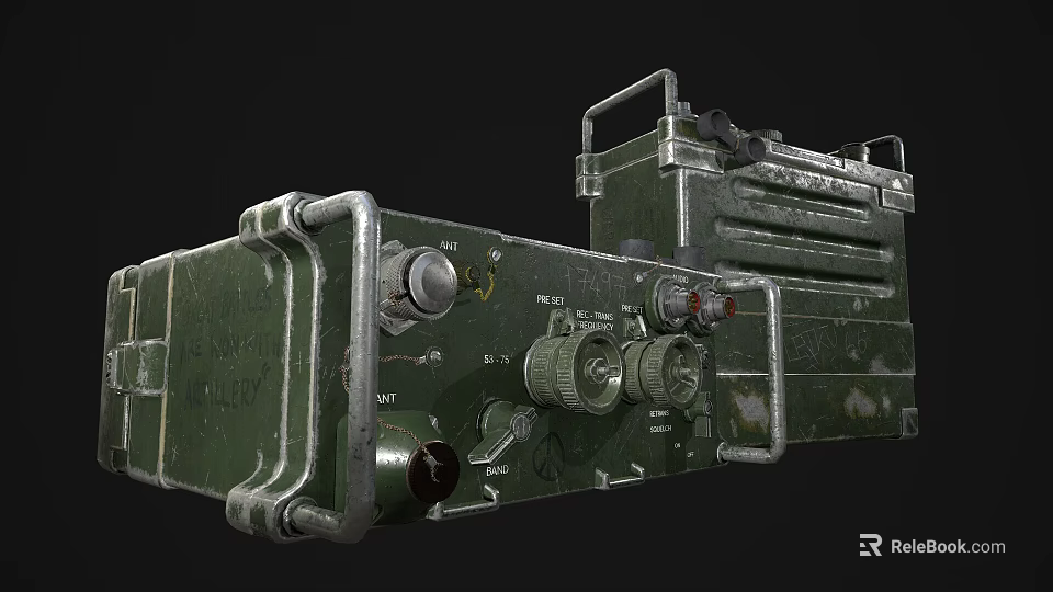 Vintage Military Communication Device With Green Metal Frame And Control Knobs 3d model