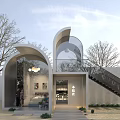 Modern Detached Villa With Arched Glass Structures Outdoor Staircase And Tree Surroundings