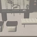 Zen Style Wooden Tea Table and Chairs with Bamboo Wallpaper and Potted Plant