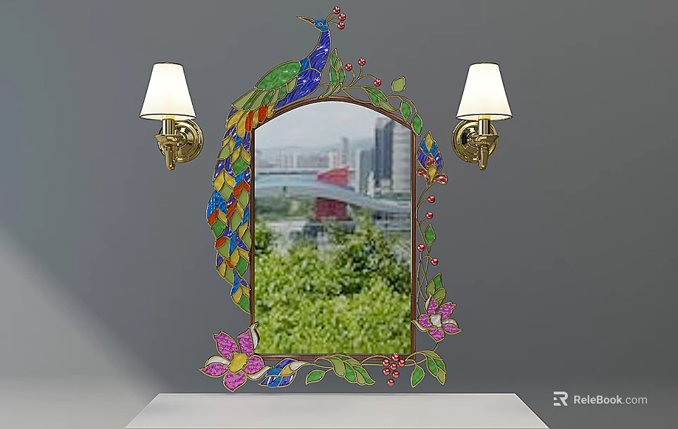 Decorative Peacock Mirror With Colorful Flowers Vines And Wall Lamps Reflecting City View Green Plants 3d model 